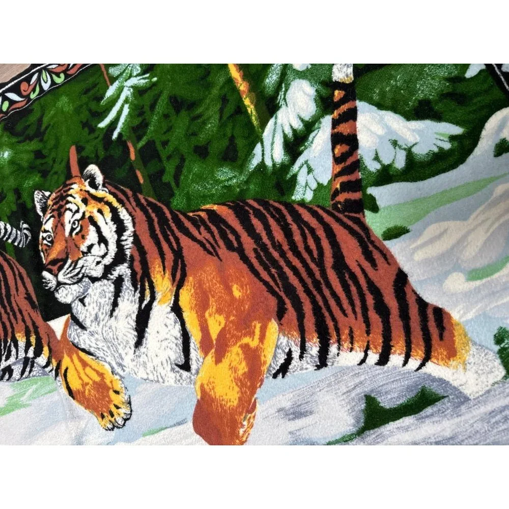 Tiger Print Tapestry Rug Blanket With Floral Border - 32
